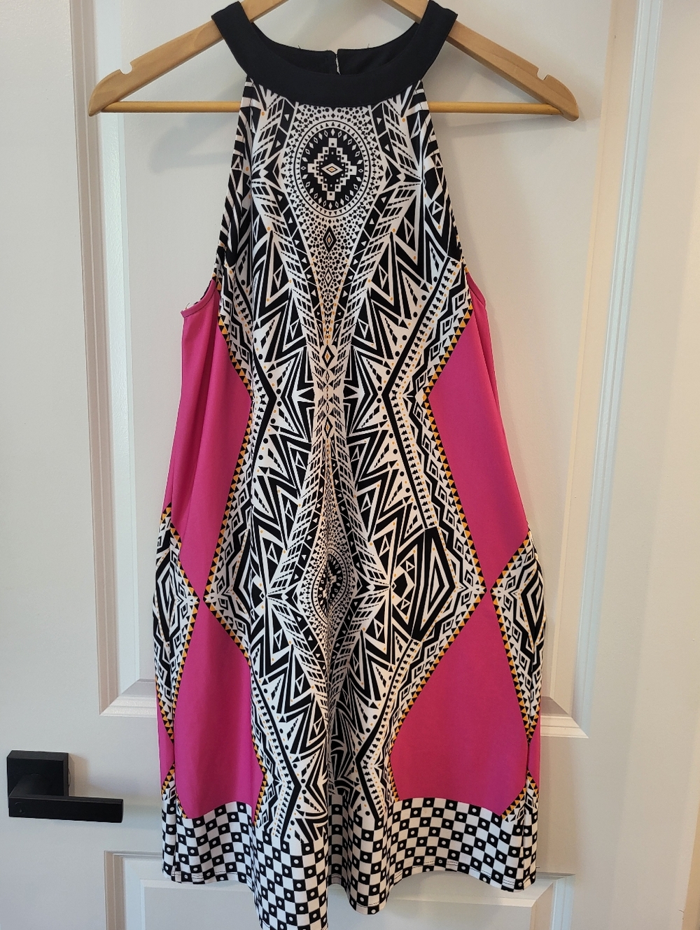VENUS Black, White & Hot Pink Geometric Halter Dress